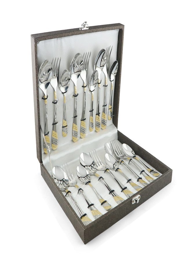 FnS Imperio 18 Pc Set Stainless Steel 24 Karat Gold Plated Cutlery Set with Leatherette Box Packaging (6 Dinner Spoons, 6 Dinner Forks, 6 Teaspoon) - Image 1